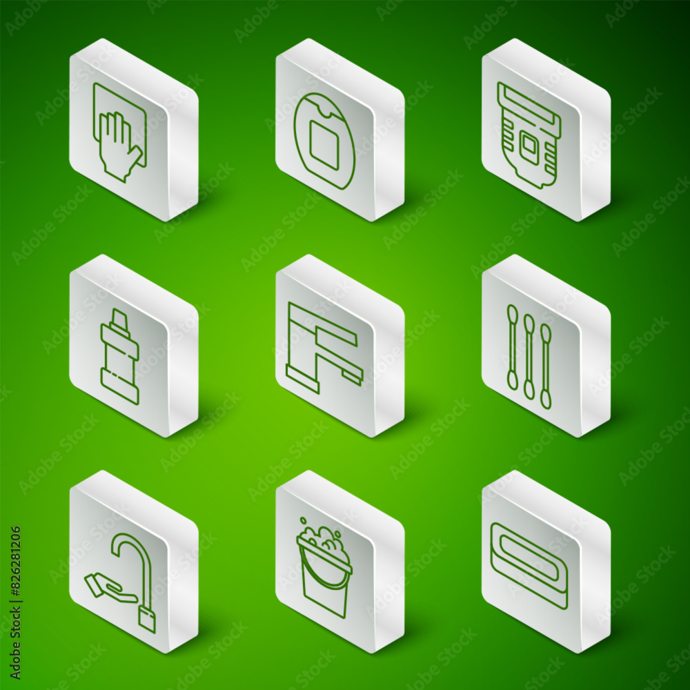 Set line Bar of soap, Bucket with suds, Cleaning service, Water tap, Bottle for cleaning agent, shampoo, Washing hands and Cotton swab ears icon. Vector Set line Bar of soap, Bucket with suds, Cleaning service, Water tap, Bottle for cleaning agent, shampoo, Washing hands and Cotton swab ears icon. Vector