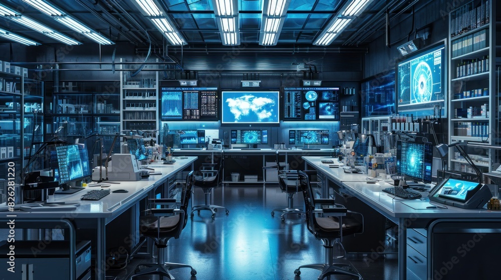 Fototapeta premium Modern Medical Research Laboratory with Microscope and Test Tubes with Biochemicals on the Desk. Scientific Lab Biotechnology Development Center