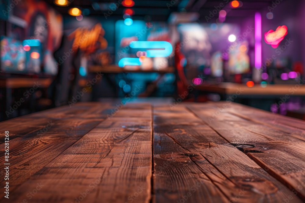 A wooden table in the foreground with a blurred background of a gaming café. The background features rows of gaming PCs, comfortable gaming chairs, colorful LED lights, and posters of popular games. A wooden table in the foreground with a blurred background of a gaming café. The background features rows of gaming PCs, comfortable gaming chairs, colorful LED lights, and posters of popular games.