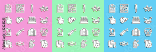 Set line Toothache, Skull, Insomnia, Medical thermometer, Hepatitis virus, Man having headache, Eye test chart and Test tube with blood icon. Vector