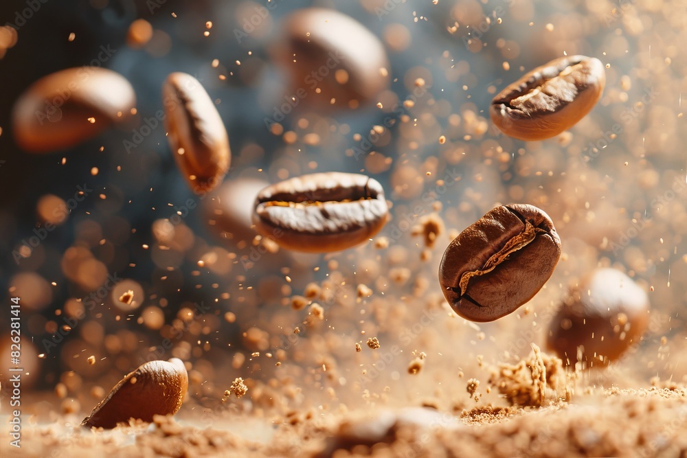 Coffee beans and splash suspended in air on white backdrop, ideal for graphic design projects Coffee beans and splash suspended in air on white backdrop, ideal for graphic design projects