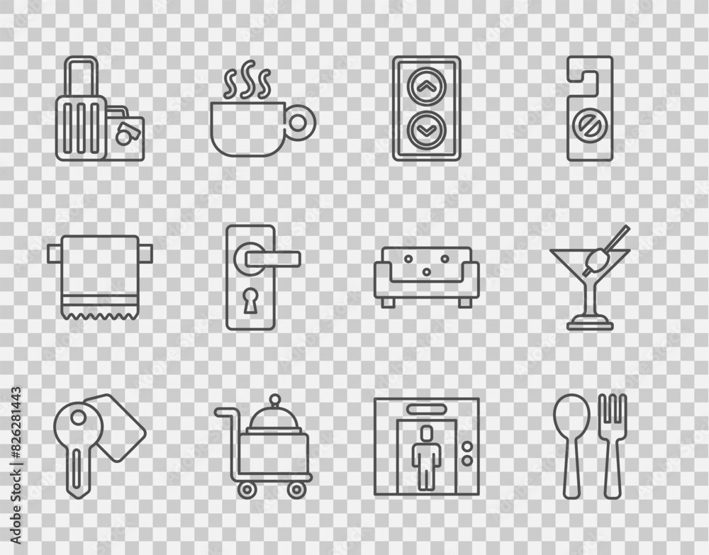 Set line Hotel door lock key, Fork and spoon, Lift, Covered with tray, Suitcase, Door handle, and Martini glass icon. Vector Set line Hotel door lock key, Fork and spoon, Lift, Covered with tray, Suitcase, Door handle, and Martini glass icon. Vector