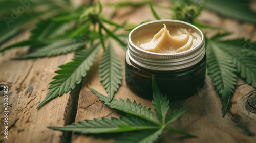 Cannabis and cosmetic concept features with set of CBD oil bottles, cream jar, and wooden bowl of hemp seeds. Legalized cannabis for skincare products