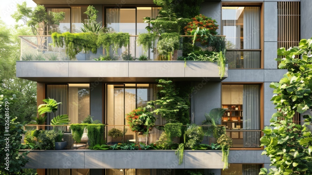 Fototapeta premium Modern and ecological skyscrapers with many trees on each balcony. Modern architecture, vertical gardens, terraces with plants