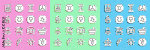Set line Neptune planet, Mortar and pestle, Comet falling down fast, Old hourglass with sand, Life, Magic stone, Ancient magic book and Venus icon. Vector