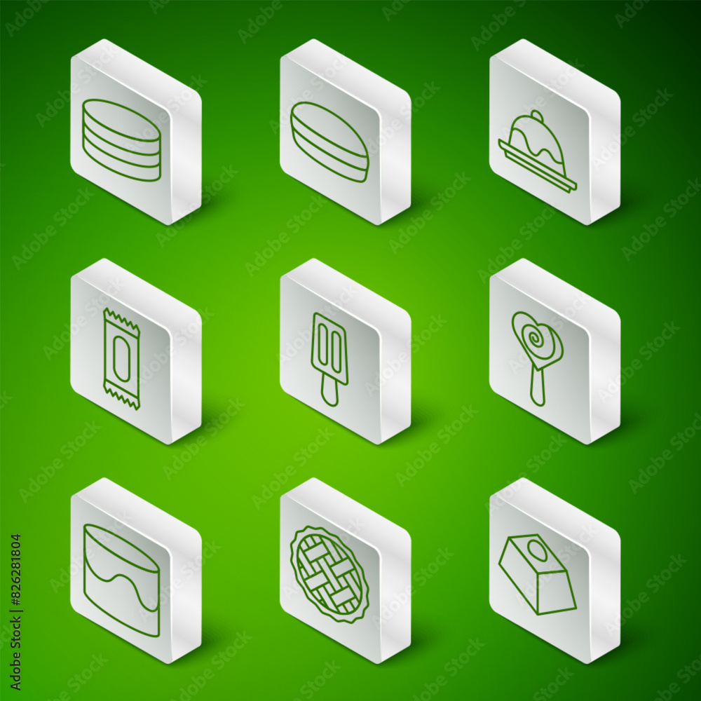 Set line Brownie chocolate cake, Homemade pie, Ice cream, Candy, Macaron cookie, Cake and Lollipop icon. Vector Set line Brownie chocolate cake, Homemade pie, Ice cream, Candy, Macaron cookie, Cake and Lollipop icon. Vector