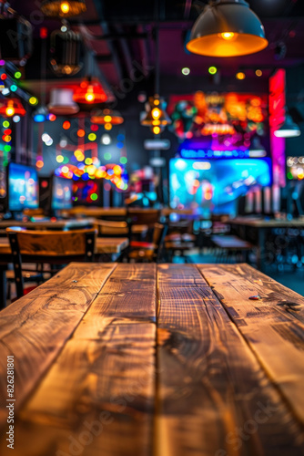 A wooden table in the foreground with a blurred background of a gaming caf    . The background features rows of gaming PCs  comfortable gaming chairs  colorful LED lights  and posters of popular games. 