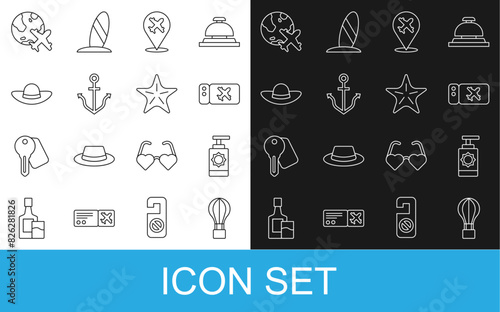 Set line Hot air balloon, Sunscreen spray bottle, Airline ticket, Plane, Anchor, Elegant women hat, Globe with flying plane and Starfish icon. Vector