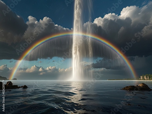 A breathtaking natural landscape with a vibrant rainbow arcing across a clear blue sky and reflecting on the calm sea