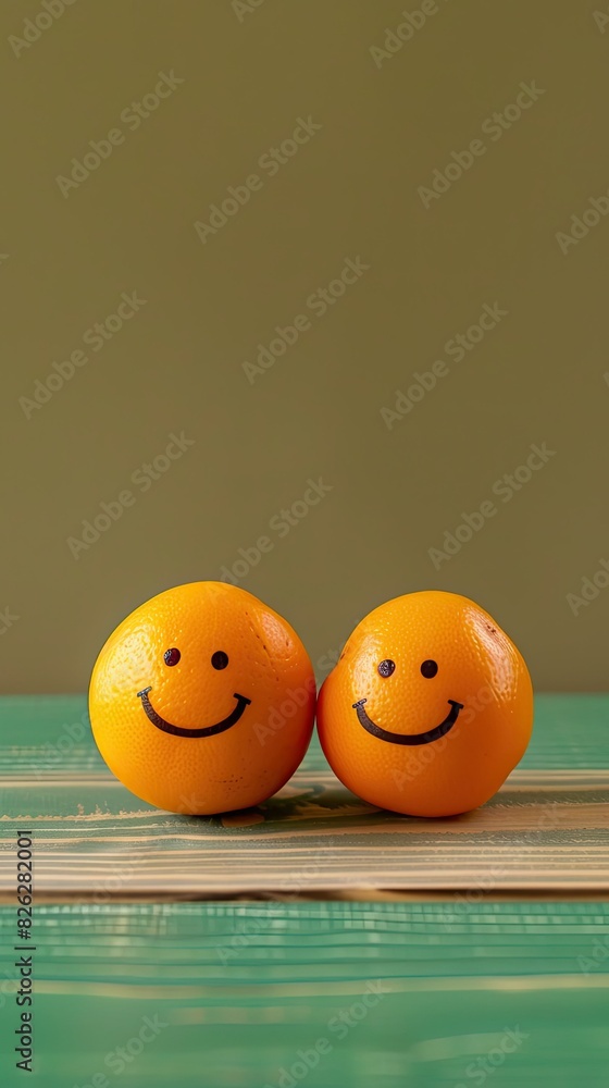 couple fruits, one orange and one round, sit on a green table against a brown wall, with a black smile in the background