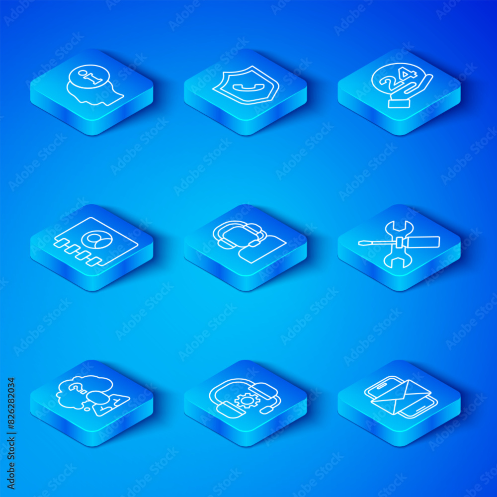 Set line Head with question mark, Man headset, Headphones, Screwdriver and wrench spanner, Telephone 24 hours support, Address book, Information and Mobile envelope icon. Vector