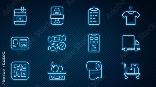 Set line Hand truck and boxes, Delivery cargo, Shopping list, Candy, Identification badge, Bottle of olive oil, Percent discount mobile and Fish plastic tray container icon. Vector
