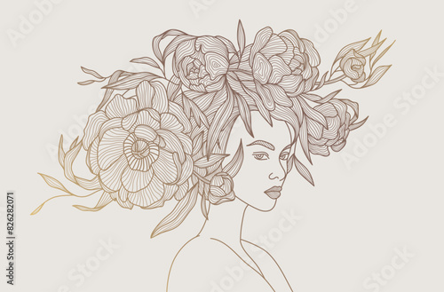 Vector woman with flowers on her head illustration. Line beauty portrait, fashion design. Peonies and lady feminine graphic