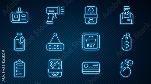 Set line Supermarket food products with price label, Hanging sign Closed, Bottle for cleaning agent, Identification badge, Buy button and Scanner scanning bar code icon. Vector