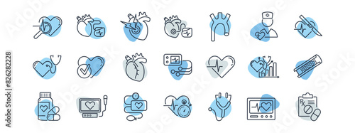 Cardiology line icon set. Heart, ECG, stent, aorta, pacemake, myocardial infarction, sphygmomanometer, holter monitor, rhythm, medications, diagnosis, scalpel, surgery vector illustration. Editable