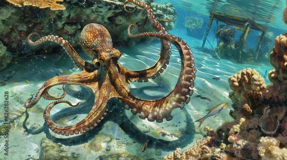 Fototapeta premium An octopus sits beside corals and other marine life on the ocean floor