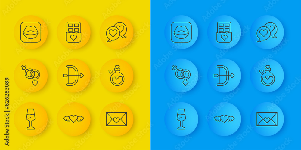 Set line Glass of champagne, Gender, Bow and arrow, Envelope with Valentine heart, Bottle love potion, Smiling lips, Heart speech bubble and Chocolate bar icon. Vector Set line Glass of champagne, Gender, Bow and arrow, Envelope with Valentine heart, Bottle love potion, Smiling lips, Heart speech bubble and Chocolate bar icon. Vector