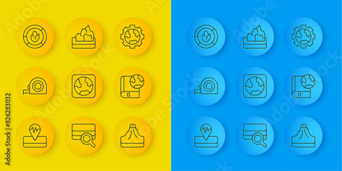 Set line Earthquake, Roulette construction, globe, Volcano, and book, Soil analysis, Gear wheels earth and Ore mining icon. Vector