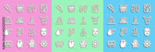 Set line Flower, Facial cosmetic mask, Towel on hanger, Sauna slippers, Campfire, Stack hot stones, brush and Burning candle icon. Vector