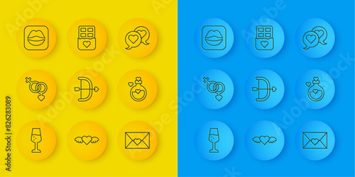 Set line Glass of champagne, Gender, Bow and arrow, Envelope with Valentine heart, Bottle love potion, Smiling lips, Heart speech bubble and Chocolate bar icon. Vector