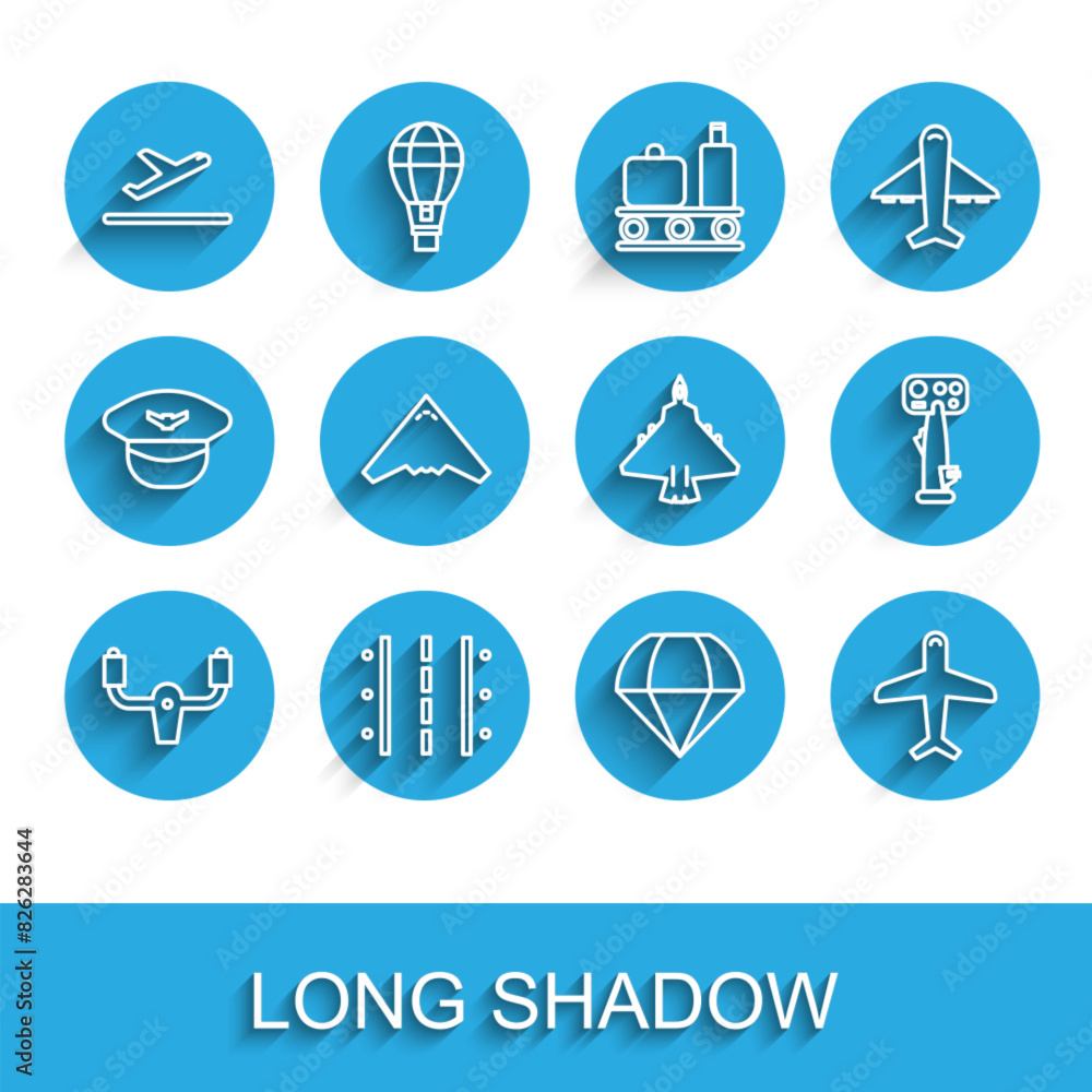 Set line Aircraft steering helm, Airport runway, Plane takeoff, Parachute, Jet fighter, and icon. Vector Set line Aircraft steering helm, Airport runway, Plane takeoff, Parachute, Jet fighter, and icon. Vector