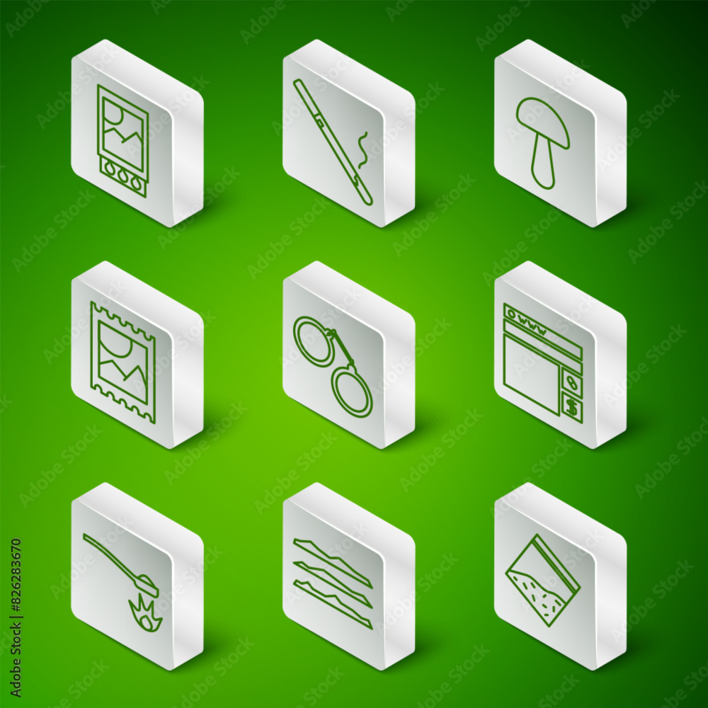 Set line Plastic bag of drug, Cocaine or heroin, Open matchbox and matches, Handcuffs, LSD acid mark, Cigarette, Heroin spoon and Buying drugs online icon. Vector Set line Plastic bag of drug, Cocaine or heroin, Open matchbox and matches, Handcuffs, LSD acid mark, Cigarette, Heroin spoon and Buying drugs online icon. Vector