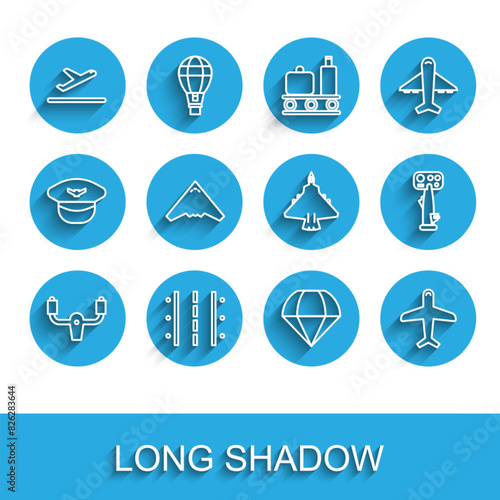 Set line Aircraft steering helm, Airport runway, Plane takeoff, Parachute, Jet fighter, and icon. Vector