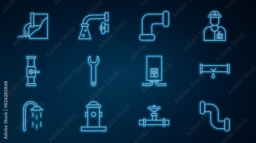 Set line Industry metallic pipe, Broken with leaking water, Wrench spanner, and valve, Wastewater, Gas boiler burning fire and Water tap icon. Vector Set line Industry metallic pipe, Broken with leaking water, Wrench spanner, and valve, Wastewater, Gas boiler burning fire and Water tap icon. Vector