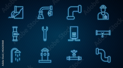 Set line Industry metallic pipe, Broken with leaking water, Wrench spanner, and valve, Wastewater, Gas boiler burning fire and Water tap icon. Vector
