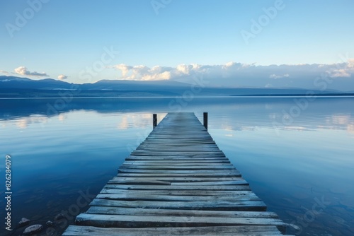 Blue Lake. Two Wooden Pier on Sunset Sky Reflection in Water