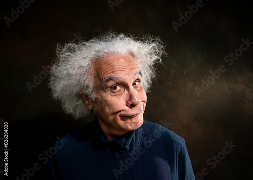 69 year old man with crazy hair making expression. photo