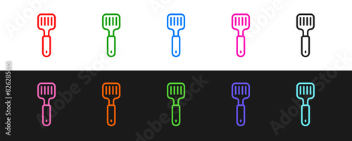 Set line Spatula icon isolated on black and white background. Kitchen spatula icon. BBQ spatula sign. Barbecue and grill tool. Vector