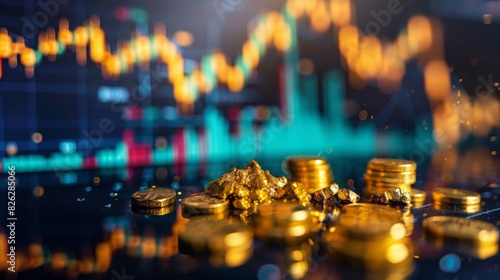 Gold coins and nuggets lie on a dark reflective surface, with a glowing financial market chart in the background.
