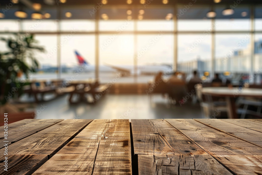 A wooden table in the foreground with a blurred background of an airport lounge. The background includes comfortable seating, large windows with views of airplanes, travelers relaxing or working A wooden table in the foreground with a blurred background of an airport lounge. The background includes comfortable seating, large windows with views of airplanes, travelers relaxing or working