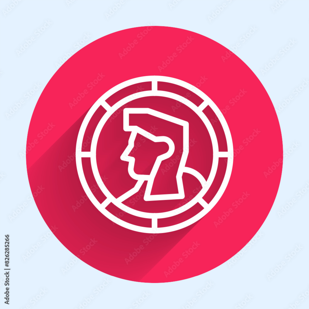 White line Ancient coin icon isolated with long shadow background. Red circle button. Vector White line Ancient coin icon isolated with long shadow background. Red circle button. Vector