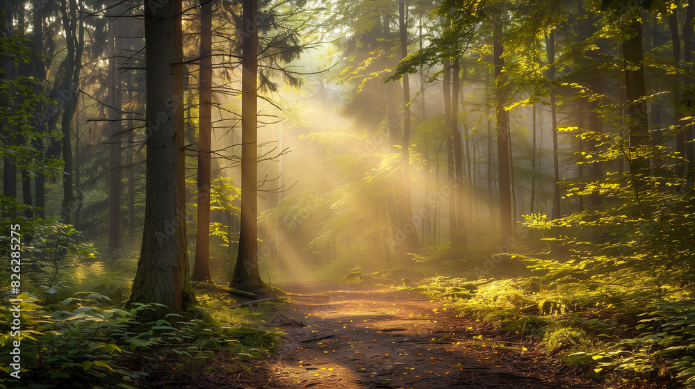 Fototapeta premium Majestic Forest Path with Sunlight Filtering Through Trees