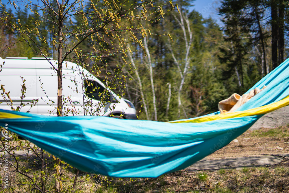 Bright Hammock with Campervan in Background, Northern Ontario Bright Hammock with Campervan in Background, Northern Ontario