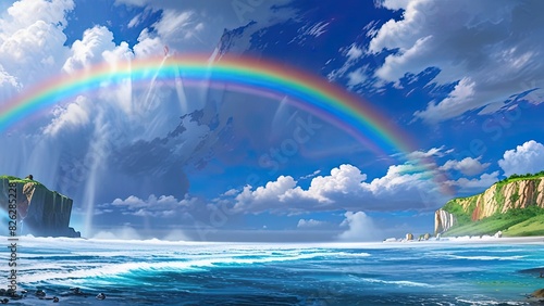 A breathtaking natural landscape with a vibrant rainbow arcing across a clear blue sky and reflecting on the calm sea