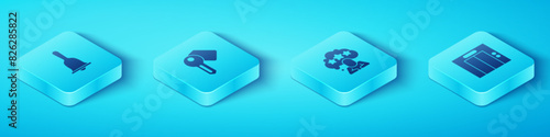 Set Isometric Hotel service bell, door lock key, Lift and Five stars rating review icon. Vector