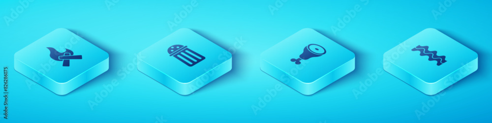 Set Isometric Campfire, Salt, Bacon stripe and Chicken leg icon. Vector Set Isometric Campfire, Salt, Bacon stripe and Chicken leg icon. Vector