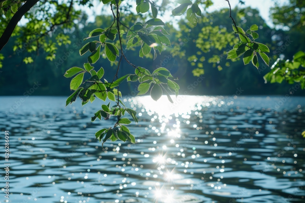Naklejka premium The lakeside is a haven of tranquility as sunlight sparkles on the water, and the sounds of nature fill the air