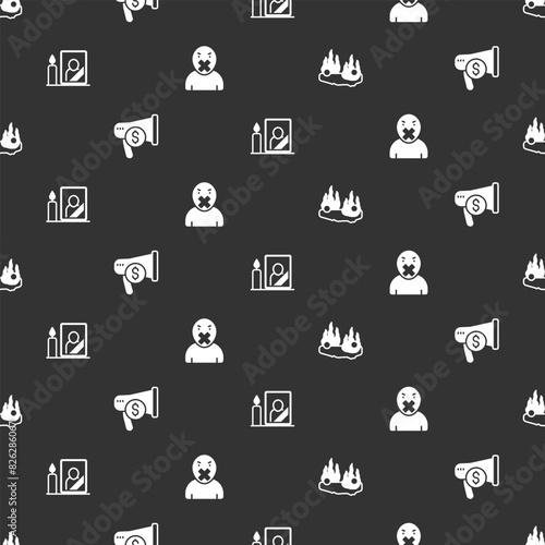 Set Burning car, Megaphone and dollar, Mourning photo frame and Censor freedom of speech on seamless pattern. Vector