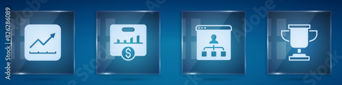 Set Financial growth increase, Key performance indicator, Online education and Award cup. Square glass panels. Vector