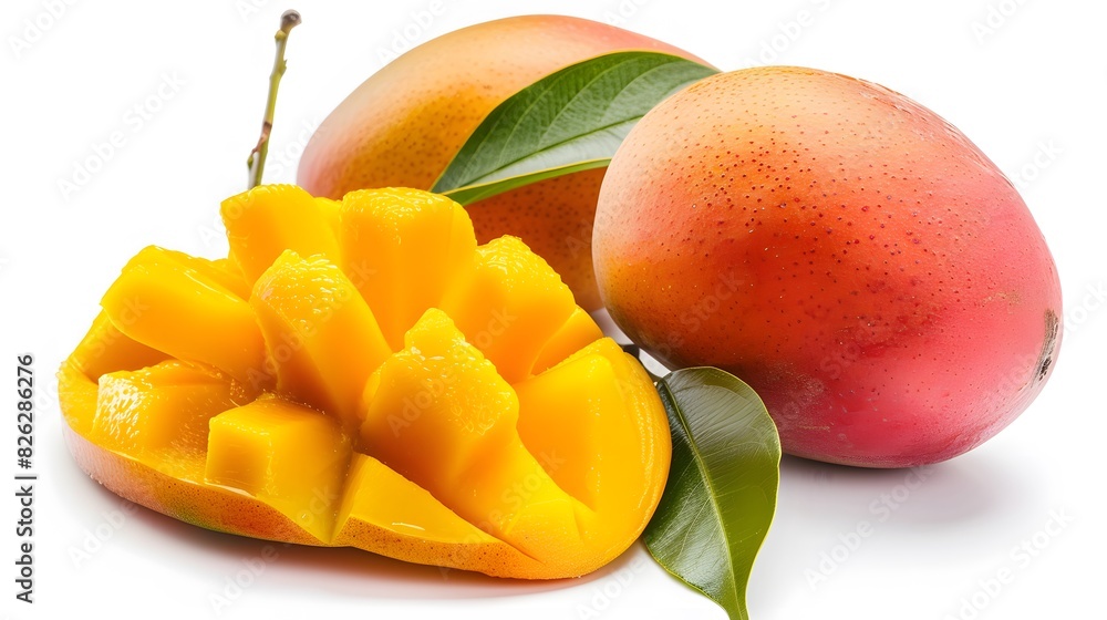 Ripe Mango Slices and Whole Mango white background Ripe Mango Slices and Whole Mango white background