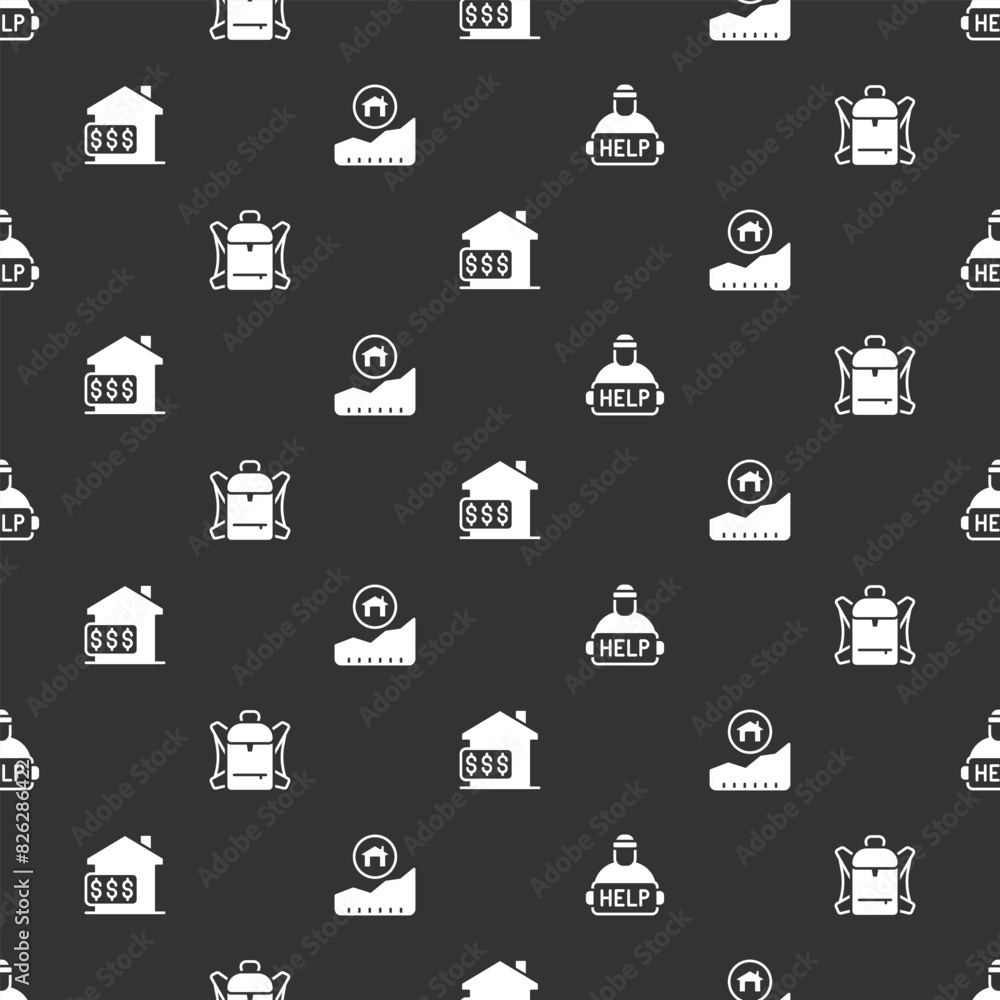 Set Help homeless, Hiking backpack, House with dollar and Rising cost of housing on seamless pattern. Vector Set Help homeless, Hiking backpack, House with dollar and Rising cost of housing on seamless pattern. Vector