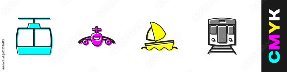 Set Cable car, Plane, Yacht sailboat and Train and railway icon. Vector Set Cable car, Plane, Yacht sailboat and Train and railway icon. Vector
