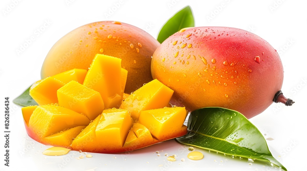 Ripe Mango Slices and Whole Mango white background Ripe Mango Slices and Whole Mango white background