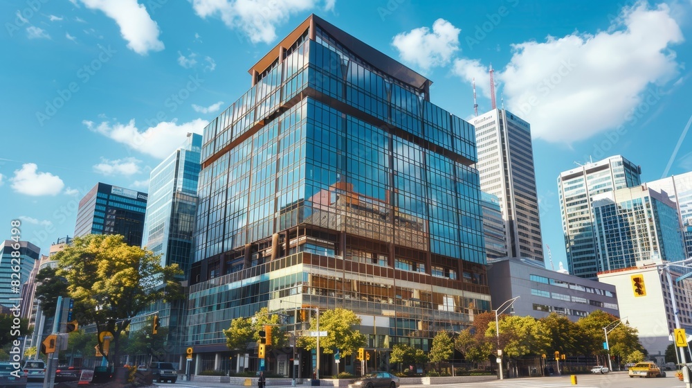 Fototapeta premium Symmetrical modern glass skyscraper stands proudly in city skyline, creating a striking urban image