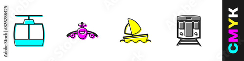 Set Cable car, Plane, Yacht sailboat and Train and railway icon. Vector