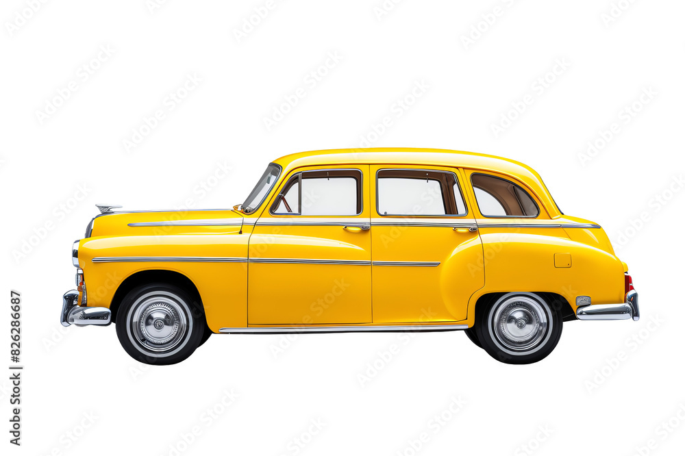 Classic yellow car side view isolated on white background. Vintage automobile from the 1950s with iconic design and bright color. Classic yellow car side view isolated on white background. Vintage automobile from the 1950s with iconic design and bright color.